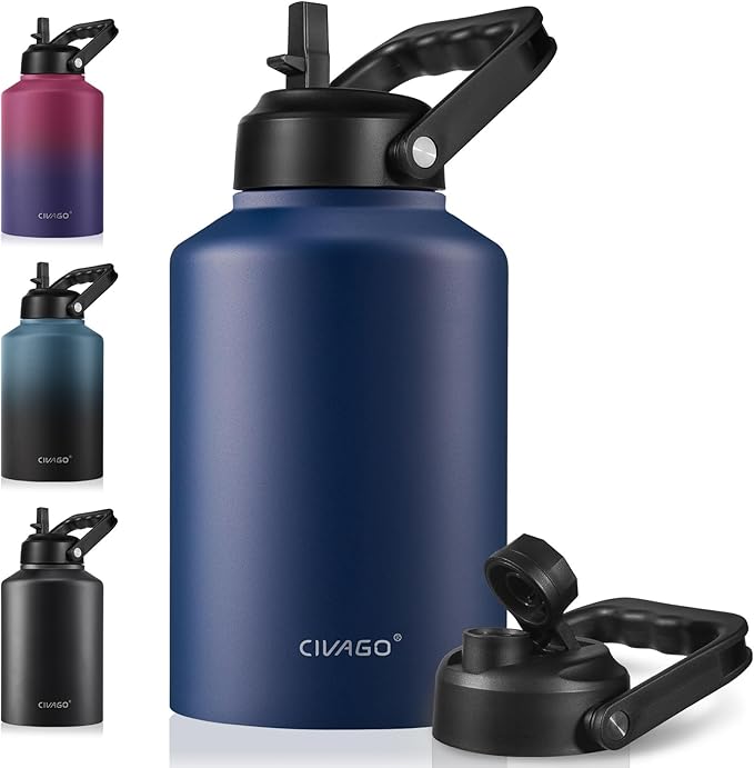 CIVAGO Gallon Insulated Water Bottle Jug with Straw, 128 oz Large Stainless Steel Sports Metal Water Canteen with Handle, Big Thermal Water Cup Mug with 2 Lids for Camping & Fishing, Navy Blue