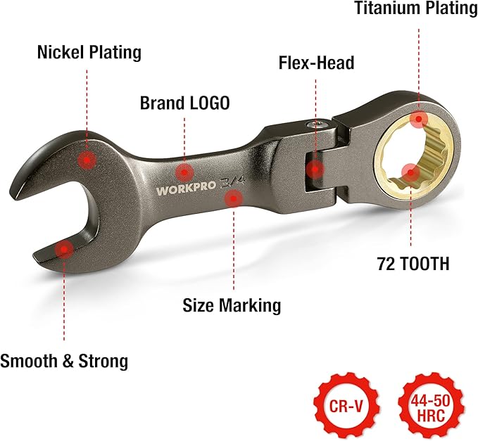 WORKPRO 8 Piece Flex Head Stubby Ratcheting Combination Wrench Set, SAE 5/16-3/4 in, 72-Teeth, CRV, Nickel Plating with Rolling Pouch