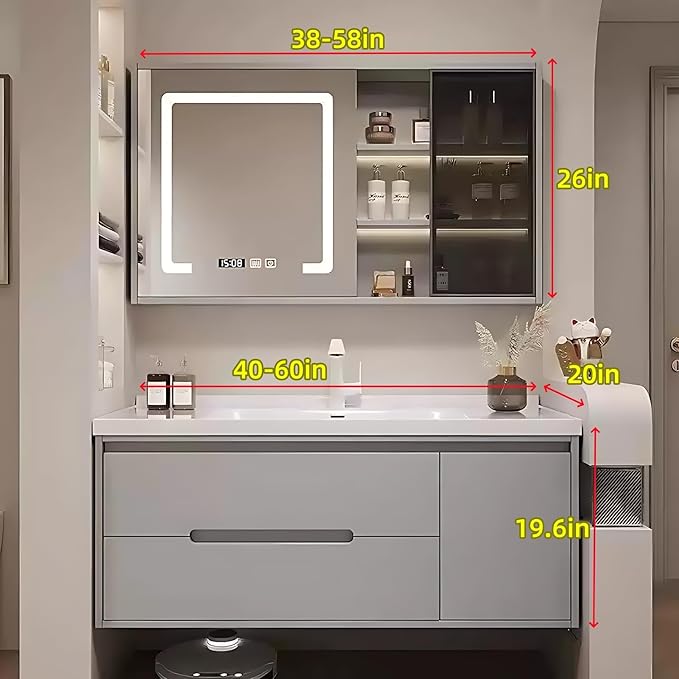 40in Elegant Bathroom Vanity with Sinks - Wall-Mounted Cream Medicine Cabinet for Bathroom, Featuring an Intelligent Defogging Mirror & LED Lighting | 2 Drawers