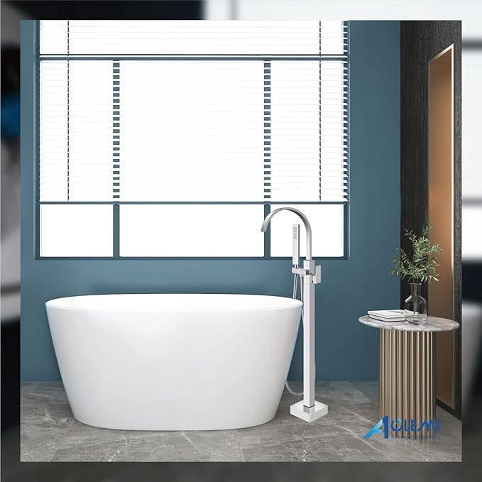 Aolemi Polish Chrome Bathtub Faucet Floor Mount Freestanding Tub Filler Bathroom Waterfall Brass Tap Swivel Spout Single Handle with Hand Sprayer