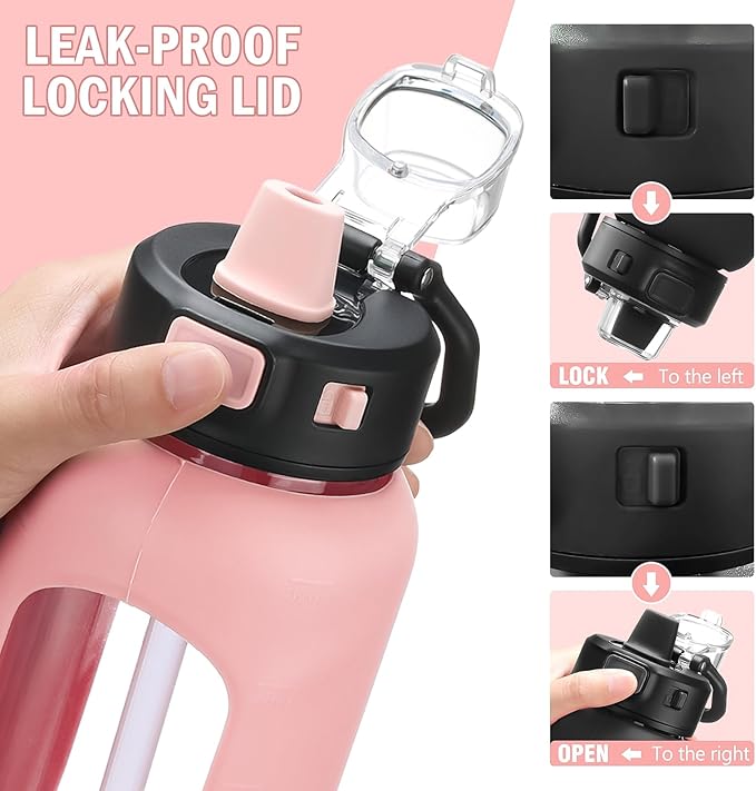 Kodrine Water Bottle With Straw and Carry Handle, Glass Water Bottle 24 oz Leak Proof Locking Lid with Soft Silicone Spout, Small Clear Water Bottle, Travel Sports Water Jug, Time Marker, Pink