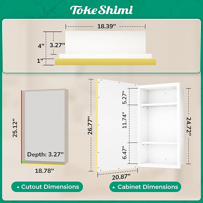 TokeShimi 21x27 Bathroom Medicine Cabinet with Mirror Beveled, White and Gold Recessed Medicine Cabinet Mirrored for Wall, Aluminum Framed Metal Mirror with Storage Adjustable