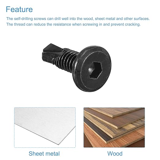 uxcell Hex Socket Self Tapping Screws, 1/4 x 3/4 410 Stainless Steel Sheet Metal Flat Head Drilling Screw 50pcs, Black