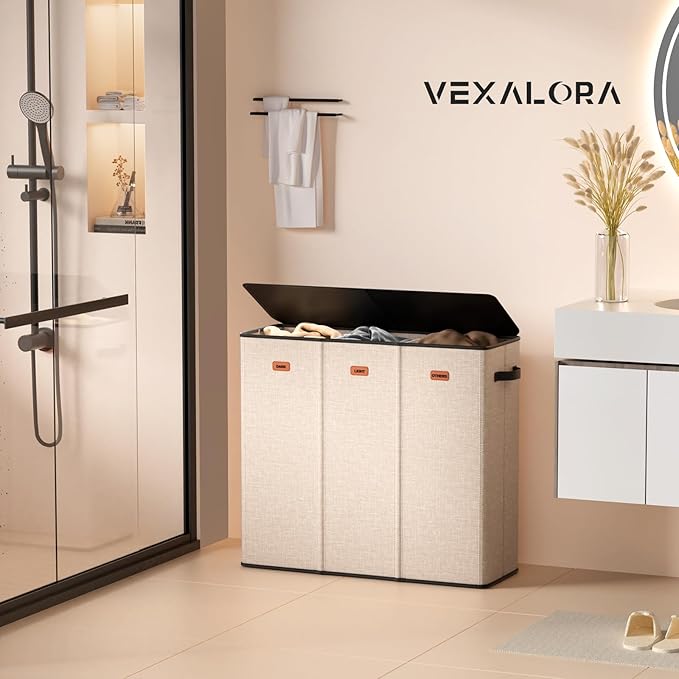 185L Laundry Hamper 3 Section, Laundry Hamper with Lid, Dirty Clothes Hamper with 3 Removable Washing Bags, Extra Large Laundry Basket Organizer for Bedroom, Laundry Room, Dorm - Khaki