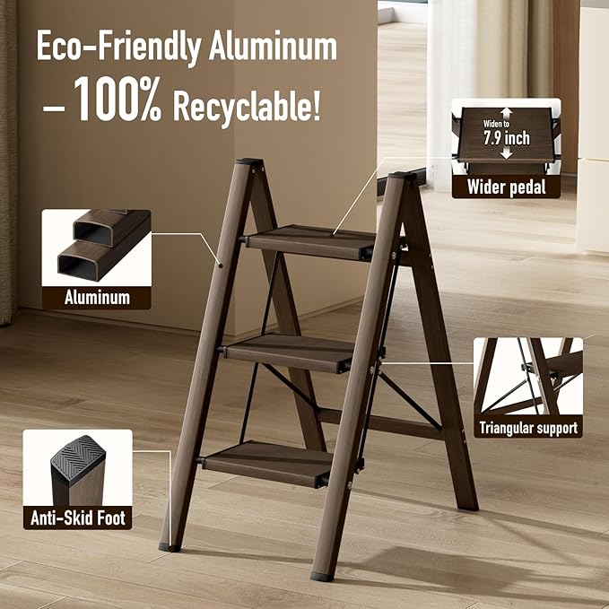 3 Step Ladder,Aluminum Folding Step Stool for Adults,Step Ladder with Wide Anti-Slip Pedal,330 lbs Capacity for Home,Office,Kitchen,Library(Walnut)
