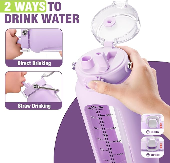 Kytffu 64 oz Glass Water Bottle with Straw and Stainless Steel Handle, Half Gallon Water Bottle with Silicone Sleeve and Time Marker, 2L Large Glass Bottle for Gym, School, Travel, Leak-proof (Purple)