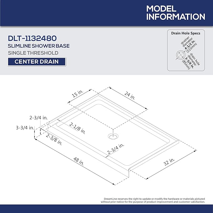 DreamLine SlimLine 32 in. D x 48 in. W x 2 3/4 in. H Center Drain Single Threshold Shower Base in Biscuit, DLT-1132480-22