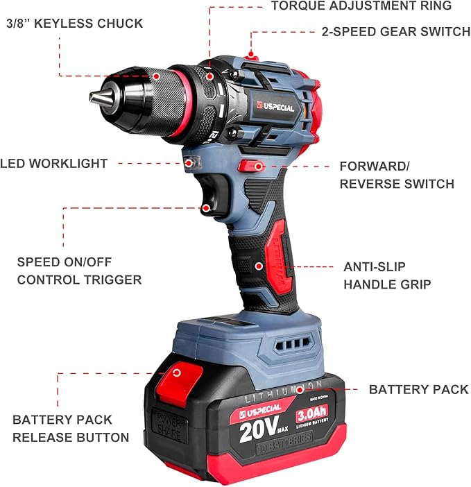 20V Cordless Brushless Power Drill Set, 443 in-lbs, 3/8-Inch Chuck Electric Drill-Driver, 22 Torque Setting, 2 Variable Speed, Hammer Drill with 3.0Ah Battery Kit for Drilling Brick Wall,Metal,Wood