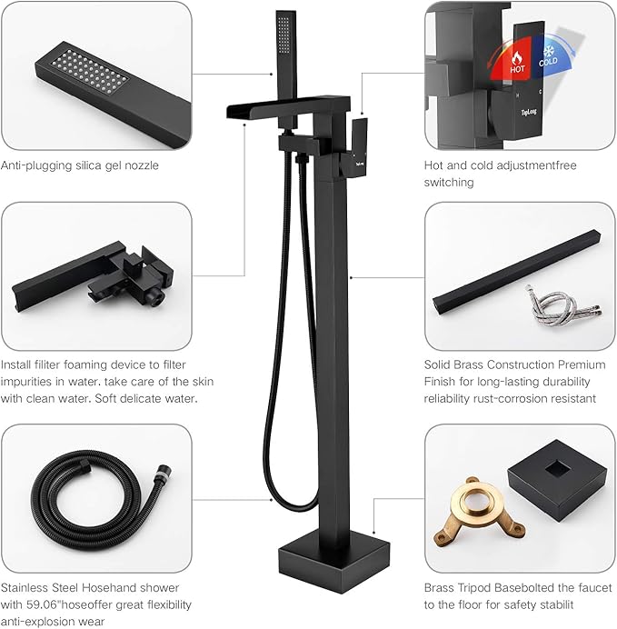 TapLong Freestanding Bathtub Faucet Tub Waterfall Filler Floor Mount Bathroom Faucets Brass Single Handle with Hand Shower High Flow Rate Max 6 GPM (Matte Black)