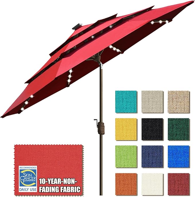 EliteShade USA 10-Year-Non-Fading Solar 9ft 3 Tiers Market Umbrella with 80 LED Lights Patio Umbrellas Outdoor Table with Ventilation,Logo Red
