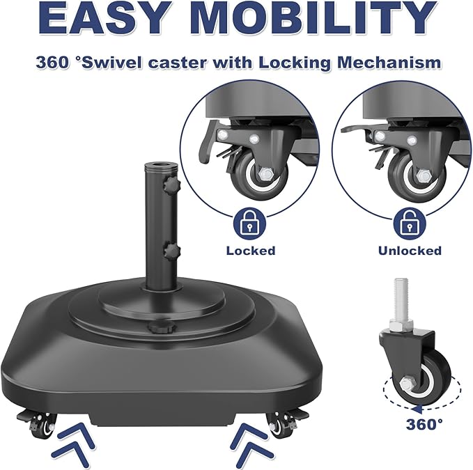 🥇 Patio Umbrella Base Heavy Duty with Wheels, Max 100lb Fillable Umbrella Stand Mobile Square Market Stand, Windproof Outdoor Umbrella Holder for Deck, Poolside, Lawn, Fits Muti Sized Umbrellas