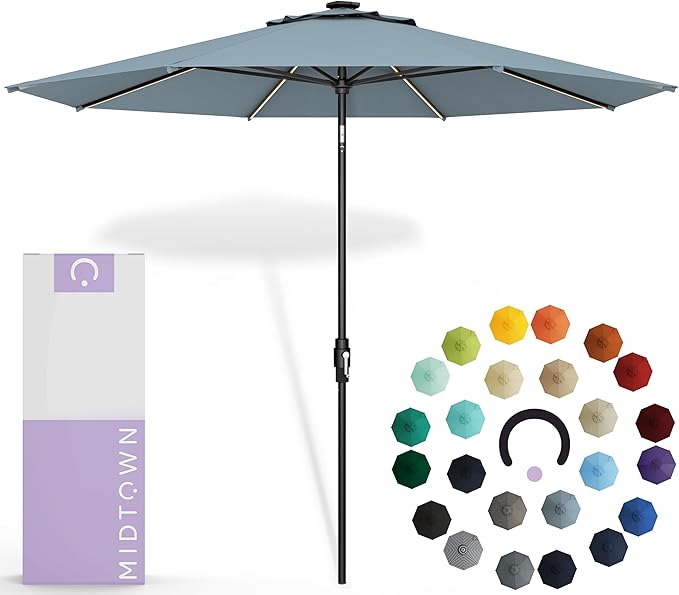 Midtown Umbrellas Led Swilt Sunbrella Umbrella, 8 Foot Patio Umbrella In Sunbrella Canvas Haze Acrylic Fabric - Deck Patio Umbrella, Backyard Umbrella, Garden Umbrella & Pool Umbrella - Black Pole