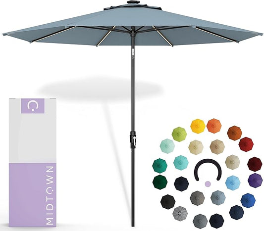 Midtown Umbrellas Led Swilt Sunbrella Umbrella, 8 Foot Patio Umbrella In Sunbrella Canvas Haze Acrylic Fabric - Deck Patio Umbrella, Backyard Umbrella, Garden Umbrella & Pool Umbrella - Black Pole