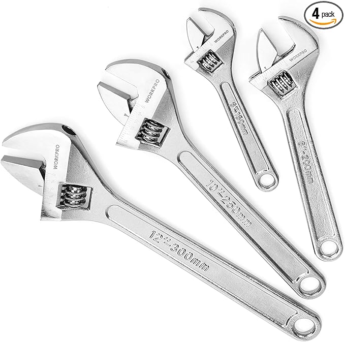 WORKPRO 4-piece Adjustable Wrench Set, Forged, Heat Treated, Chrome-plated (6-inch, 8-inch, 10-inch, 12-inch)
