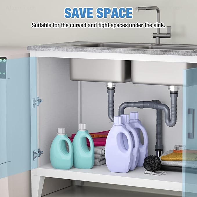 NiHome Expandable Flexible 1 1/2" or 1 1/4" P-Trap Pipe for Double Kitchen Sink, with Adapter Sealing Ring Tape Drain Tubing Pipe Kit for Kitchen Sink Drain & Garbage Disposal (Grey)