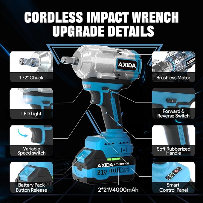 Cordless Impact Wrench 1/2 inch,1107Ft-lbs Brushless High Torque Impact Gun 21V Electric Impact Driver with 2x 4.0Ah Batteries, 5 Sockets, Charger, Extension Bar for Car, RV, Truck Wheel Lug Nuts