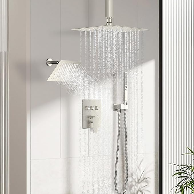 Shower Faucet Set Matte Black Shower System, 12" Ceiling Rainfall Shower and 8" Rain Shower with 2 in 1 Handheld, Can Use All at Once, Wall Mount Pressure Balance Rough-in Valve and Trim Kit