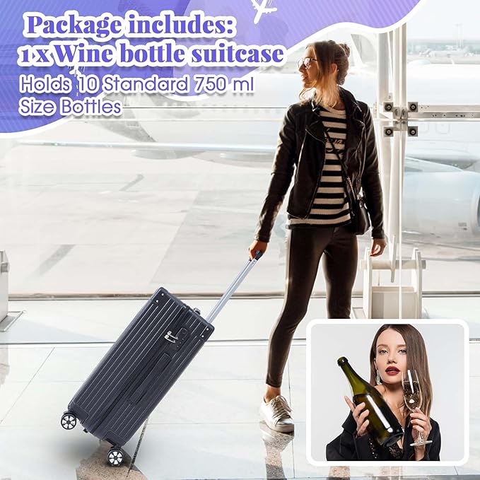 Wine Suitcase Airplane Wine Carrier Luggage Hold 10 Standard 750ml Size Bottle Universal Wheeled Wine Travel Case with Removable Foam Insert for Wine Lover Professional Gift (Classic,24")