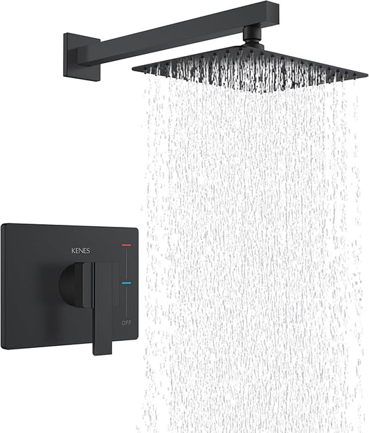 KENES Matte Black Shower Faucet with Square Shower Trim Kit & Single-Spray Head, Wall Mount, KE-6024B-2 (Includes Shower Valve)