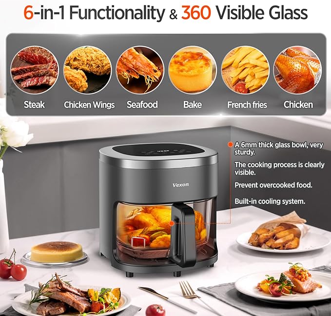 6-IN-1 Glass Air Fryer,4.5QT Air Fryer with Viewing Glass Pot, Air Fry, Dehydrate, Air Crisp Technology,Nonstick & Dishwasher Safe Basket,97% Less Oil,Features Digital Timer (Gray)