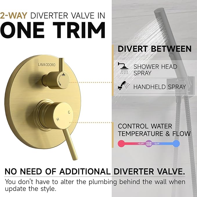 Lava Odoro Modern 2-Setting Round Rain Shower System, Gold Rainfall Shower Faucet Set Rain Shower Head and Handle Set, Shower Valve Trim Kit, 10 Inch, Brushed Gold, SF104-SG
