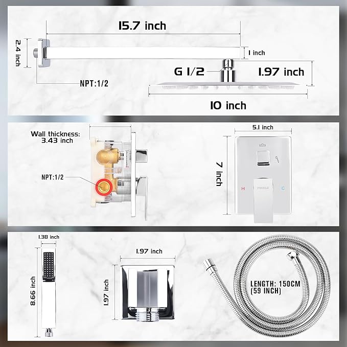 10 Inch Rainfall Shower System - Wall Mounted Complete Combo with Solid Brass Pressure Balancing Valve, High Pressure Shower Head, Handle Set & Installation Accessories Chrome