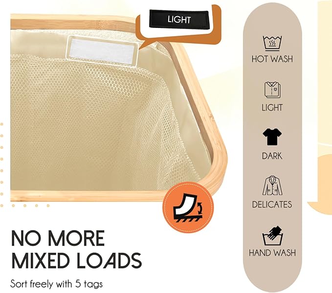 160L Laundry Sorter Hamper with Lid, 3 Section Extra Large Dirty Clothes Basket with Handles, 3 Removable Liner Bags & Labels, Beige