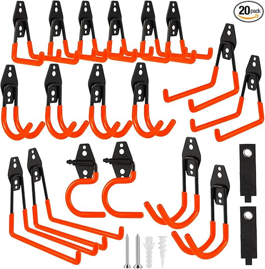 Garage Hook Heavy Duty Wall Storage Hangers, 20 Pack Garage Storage Hooks Steel Tool Orange for Ladders, Ropes, Garden Tools