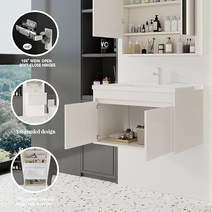 32'' Bathroom Vanity with Ceramic Sink Combo, Wall Mounted Small Bathroom Vanity with Soft-Close Door Modern Floating Cabinet, Pop-up Drain, P-Trap Included, Khaki(No Faucet)