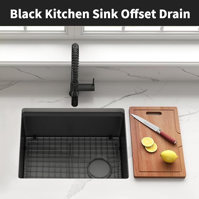 Black Undermount Kitchen Sink,16 Gauge Stainless Steel Sinks,Single Bowl Workstation Sink,Modern Kitchen Sink Offset Drain (23" X 18")