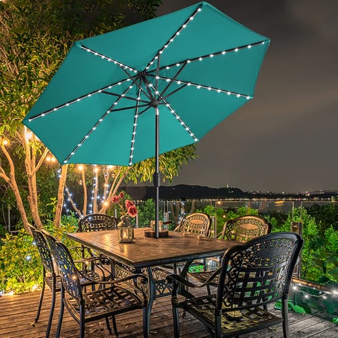 EliteShade USA 10-Year-Non-Fading Solar 9ft Market Umbrella with 80 LED Lights Patio Umbrellas Outdoor Table Umbrella with Ventilation, Teal