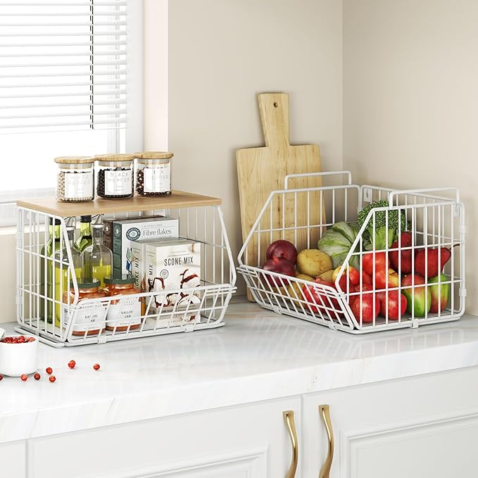 Wetheny 2 Tier Stackable Wall Mounted Wire Basket Fruit Basket with Wood Lid - Kitchen Pantry Organization and Storage, Hanging Storage Basket for fruits, Onion, Potato, Produce, Vegetable (White)