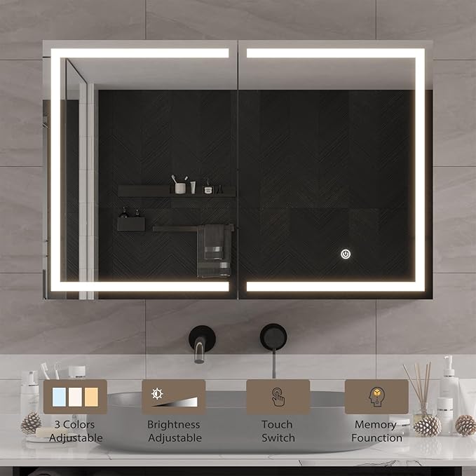 DICTAC Medicine Cabinet with Mirror and LED Light, Wall Mounted Bathroom Mirror with Storage, 2 Doors Bathroom Wall Cabinet, Memory Dimmable 3 Color Temp, Adjustable Shelves, 35.4''x23.6''