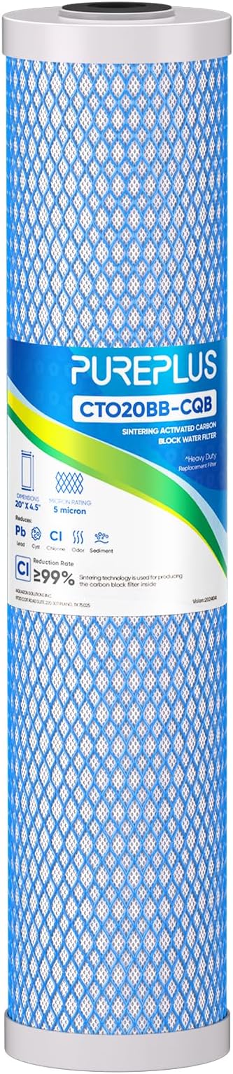 PUREPLUS 5 Micron 20" x 4.5" Whole House Lead Removal Water Filter, Enhanced Coconut Shell Activated Carbon Water Filter, Replacement Cartridge, CTO20BB-CQB, 1 PACK