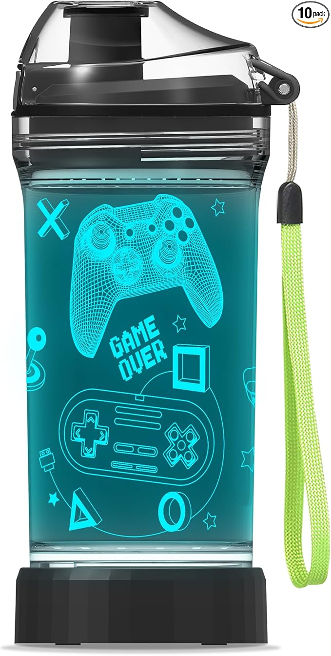 Kids Water Bottle with Video Game Design 3D Glowing LED Light-Tritan BPA Free,Perfect for Back-to-School Season, Girls, Boys, Kids, Holiday Camping, Picnic Gifts - 14 oz Travel Mug