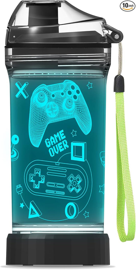 Kids Water Bottle with Video Game Design 3D Glowing LED Light-Tritan BPA Free,Perfect for Back-to-School Season, Girls, Boys, Kids, Holiday Camping, Picnic Gifts - 14 oz Travel Mug