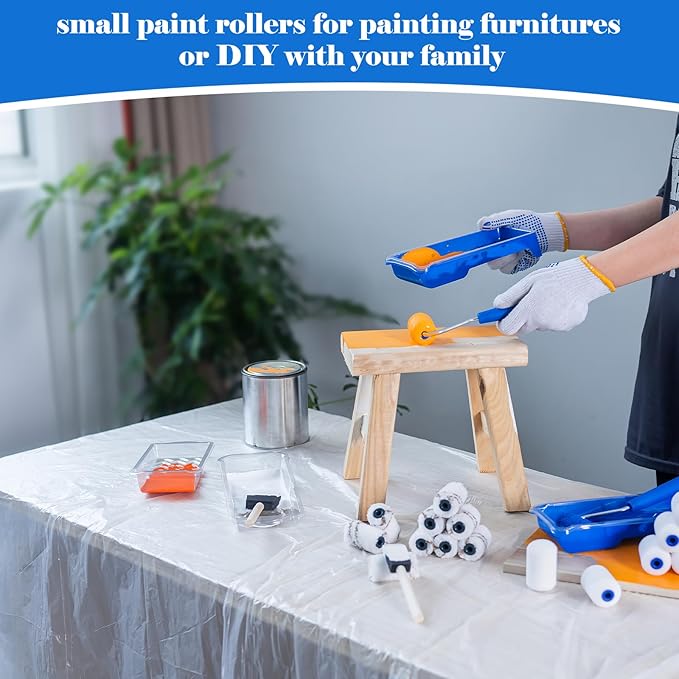 Mister Rui Paint Roller Kit, 25 Pack, 2 Inch Foam Paint Roller, Small Paint Rollers, Paint Roller Tray Liners, Sponge Brush with Plastic Sheeting, Mini Rollers for Painting Furniture