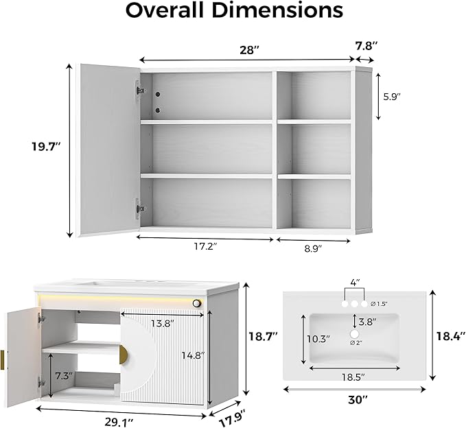 IRONCK Floating Bathroom Vanity with Sink, Mirror Medicine Cabinet, LED Strip Light, 30 Inches Modern Wall Mounted Sink Cabinets & Mirror Cabinets Set with Large Storage Space, White
