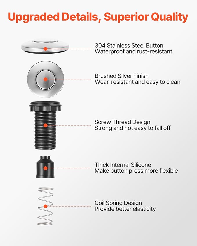 VEVOR Garbage Disposal Air Switch Kit, 3.5" Long Sink Top Air Switch for Food Waste Disposal, Brushed Silver Stainless Steel ON/OFF Air Push Button for Granite, Marble, and Quartz Countertops