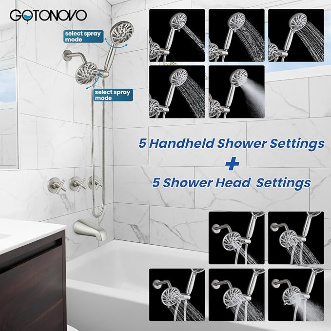 gotonovo 3 Handle Tub Shower Faucet Set, Dual Shower Head and Handle Set, Bathtub and Shower Faucet Combo,Shower System with Tub Spout,Wall Mount Tub Shower Trim Kit Brushed Nickel