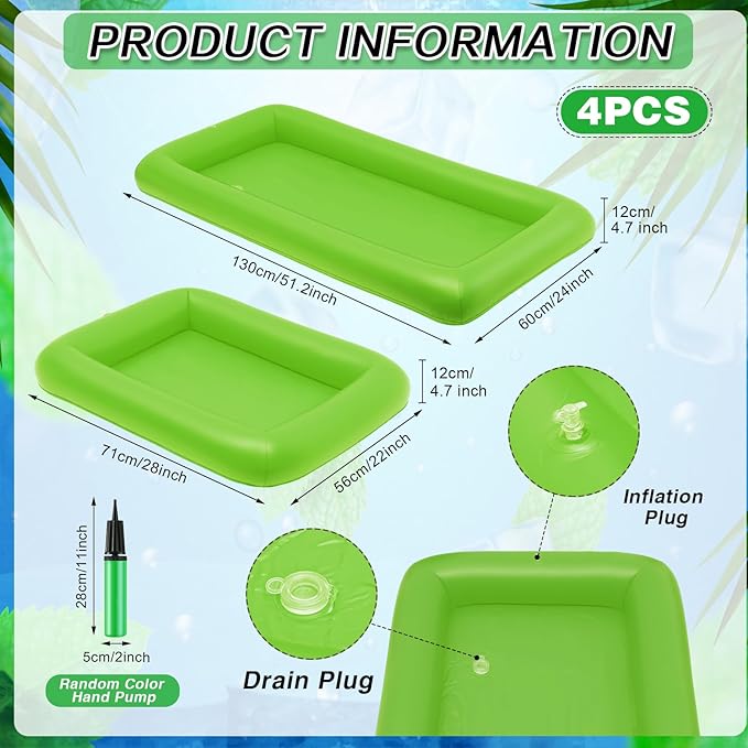 Leitee 4 Pcs Inflatable Ice Serving Bars Buffet Serving Tray Drink Cooler for Pool Party Inflatable Ice Tray Floating Food Drink Containers with Drain Plug and a Hand Pump, 2 Sizes (Green)