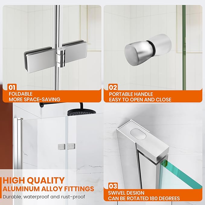 Bathtub Shower Doors 51.2-51.8 in. W × 59 in. H, 1/4" (6mm) Clear Tempered Glass Shower Door, Framless Bi-fold Triple Glass Panels Shower Door with Clamps, Chrome