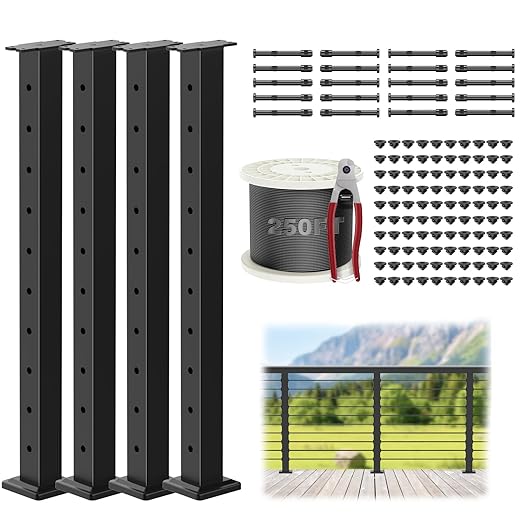 4-12ft Complete Set 36" Cable Railing Post Kits, Stainless Steel Black Level Drilled Line Posts(35"x2"x2")4 Pack, 1/8" Wire Rope with Cutter(No Handrail), Swageless Deck Cable Railing, MY07-LP