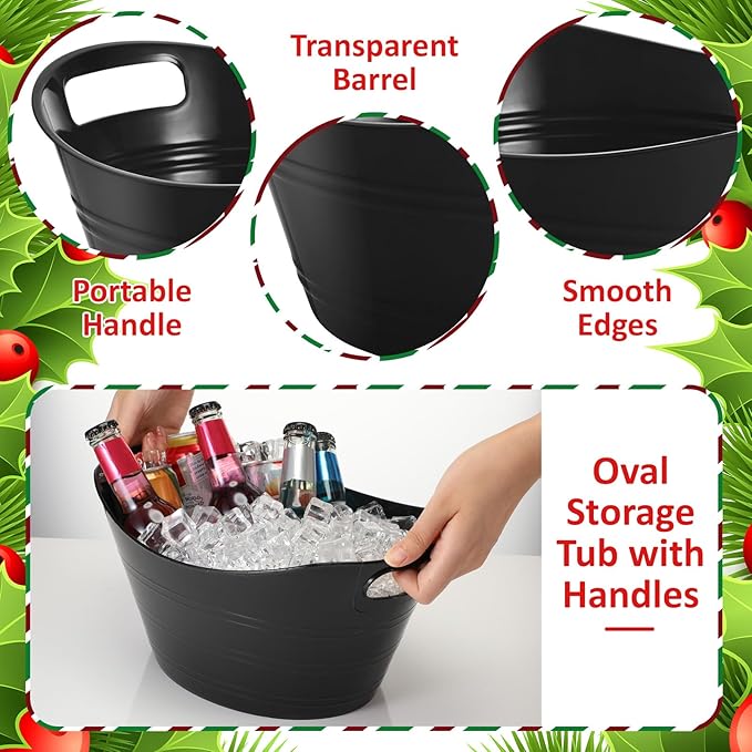 Norme 24 Pcs Oval Storage Tub with Handles, 4.5L Plastic Ice Bucket Wine Beer Champagne Bottle Drink Cooler Tub for Parties Beverage, Storage Basket (Black)