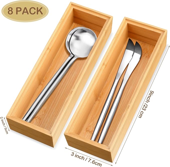 Kigley 8 Pieces Bamboo Drawer Organizer Kitchen Utensils Wooden Utensil Stackable Wooden Storage Box Bamboo Silverware Tray for Drawer(9 x 3 x 2 Inch,Wood)