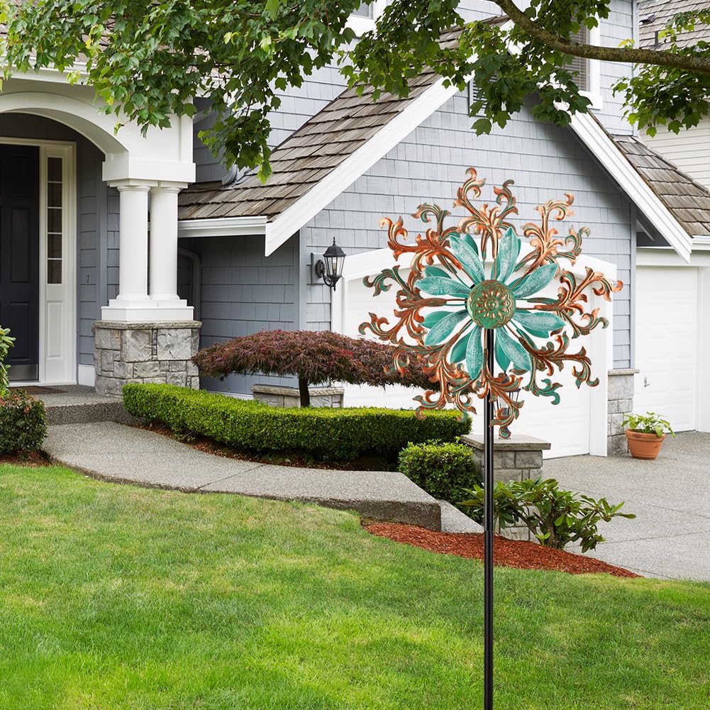 Viveta Wind Spinners Outdoor, Metal Wind Sculptures for Yard and Garden,13 * 57 "Double Windmill with Stable Stake