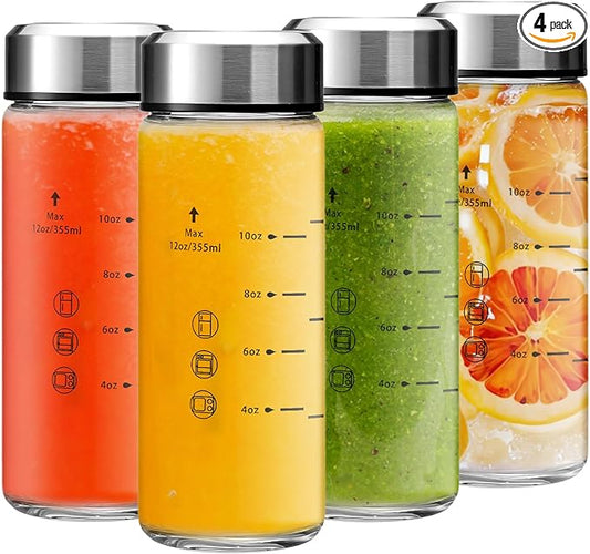 12oz Juice Bottles - 4 Pack Wide Mouth Glass Bottles with Lids- BPA Free, Stainless Steel Lids for Juicing, Smoothies, Infused Water, Beverage Storage - Leakproof, Borosilicate, Clear