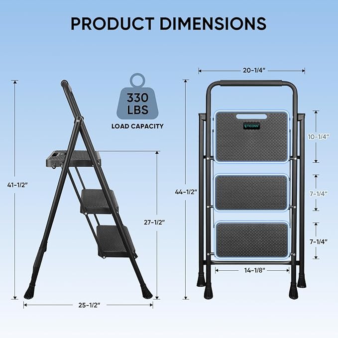 TICONN 3 Step Ladder, Heavy Duty Foldable Step Stool, Portable Steel Folding Stool for Household Garage Storage (Black)