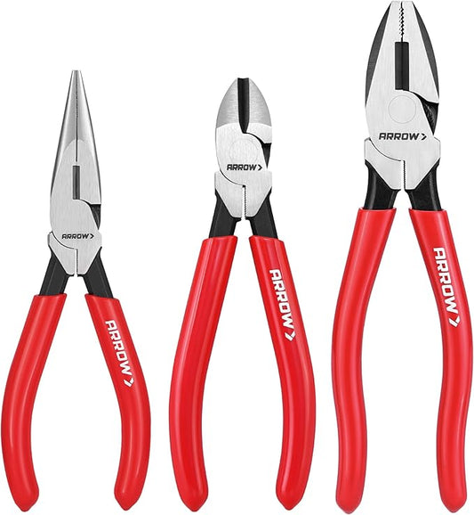 ARROW 3PCS Pliers Set, 6" Needle Nose Pliers, 6" Diagonal Plier, 7" Linesman with Non-slip Handle, Premium Carbon Steel, High Leverage Design
