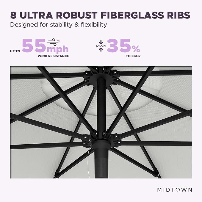 Midtown Umbrellas Push and Pop 9 Feet Outdoor Umbrella, Off White Polyester Fabric - Fiberglass Ribs Deck Patio Umbrella, Backyard Umbrella, Garden Umbrella & Pool Umbrella - Black Pole